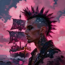 space, hyperdetailed illustration, portrait big dark punk, mohawk, stars, pink, neon, oil painting, rich deep colors masterpiece, pirate neon ship, ultra detailed, contrast, heaven pink, clouds, volumetric light, atmospheric lighting, dramatic, cinematic, moody, octane render 4 k, 8 k