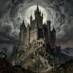 dracula's castle on top of a swirling hill, full moon, illustration, gothic, intricate, by antonio lupatelli