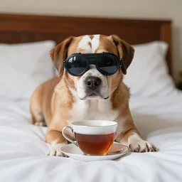 funny image of a british dog in bed wearing a monocular and drinking tea