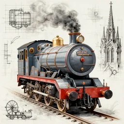hellfire thomas the tank engine, mad max, in the style of hannes bok and doug chiang and vernon grant, trending on artstation, back lighting rear view steampunk, blueprint, muted colors, gothic, tachisme