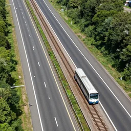 a highway with a train track and bus lane, birds eye, photograph, 8 k.