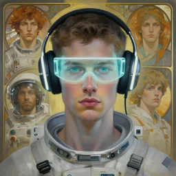 future coder, glowing pencil thin visor over eyes and sleek neon headphones desaturated headshot portrait painting by donato giancola, dean cornwall, rhads, tom whalen, alex grey, alphonse mucha, astronaut cyberpunk electric fashion photography