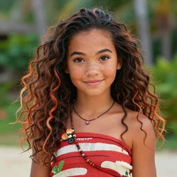 a stylish girl with freckles and wild colorful hair, moana