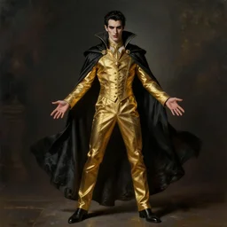 male vampire in dark golden noble clothes in a dramatic pose, realistic painting, artstation, cinematic, full body shot, dramatic lighting