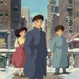 american big city, winter, in the style of studio ghibli, j. c. leyendecker, greg rutkowski, artem