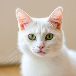 a white cat with green eues