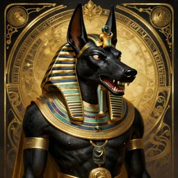 angry god anubis, snarling jackal with egyptian pharaoh headdress and nemes, ornate art nouveau detail, black and gold palette, fantasy, intricate, elegant, highly detailed, colorful, dark colors, dramatic shadow, digital painting, artstation, concept art, art by artgerm and greg rutkowski and ruan jia,