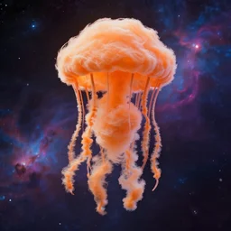symmetrical jellyfish made of cotton candy, orange color pallette, james paick style, cedric peyravernay, 8 k hdr octane render, background of outer space neon nebulas, pilar gogar