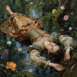 artistic painting, medieval princess, ophelia, wearing ornate robes, beautiful eyes and lips, drowned, floating supine in a forest pond, flowers, art by artgerm and wlop and brom, highly detailed, 8 k, cinematic, digital painting, sharp focus, illustration, masterpiece