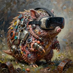 junky armadillo, cybertronic gadgets and vr helmet, durty colours, rotten textures, rusty shapes, flesh + technology, biotechnology, norman rockwell, tim hildebrandt, dariusz zawadzki, bruce pennington, larry elmore, intricate details, hyperrealistic oil painting on canvas, deep depth field, cinematic composition, hyper - detailed