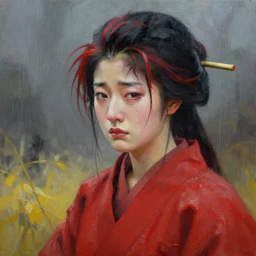 a realistic detail portrait of a beautiful japanese ninja has black and red hair, crying, raining mist oil painting by julian calle, greg rutkowski, finnian macmanus, syd mead trending on artstation, red and yellow scheme, 8 k, wide - angle lens