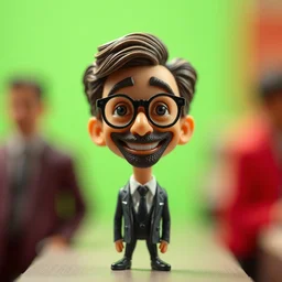 miniature john oliver caricature figure smiling in a suit, macro photography, tilt shift, bold colored background, plastic