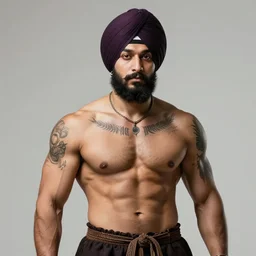 portrait of a muscular sikh posing, punk, shirtless tattoos, piercings, a flemish baroque by alexander mcqueen, art by john collier by greg rutkowski and craig mullins, oil on canvas