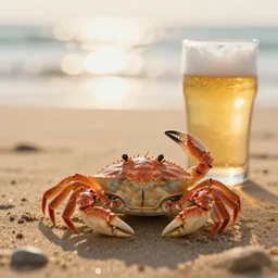 a happy crab beside a beer at the beach, golden hour, bokeh, 4k