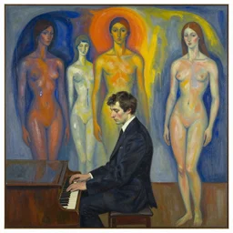 piano player in suit waiting, vincent lefevre and hernan bas and pat steir and hilma af klint, psychological, photorealistic, dripping paint, washy brush, rendered in octane, altermodern, masterpiece