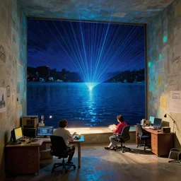nature by odile decq, tron atlantis synthwave lake dramatic lighting sunlight studio ghibli laser myst nightsky thermal imaging, office in miniature, edding markings on the walls, in the style of beksinski edward hopper michael sowa yue minjun