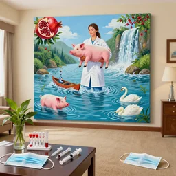 a tall female pathology student holding a pig in an empty hotel room, a river flooding inside, medical supplies, medical mask, syringes, pathology sample test tubes, pigs, plants in glass vase, water, river, rapids, canoe, pomegranate, berries dripping, waterfall, swans, acrylic on canvas, dadaism