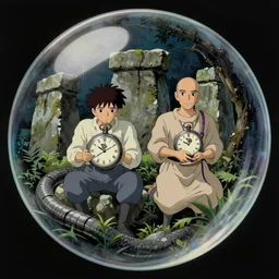 hyperrealist, studio ghibli dull colors portrait from close encounters of the third kind 1 9 7 7 of two grey pocketwatch monks warping in a snake bubble jungle stonehenge.