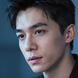 high quality 35mm photo handsome expressive chinese man with translucent skin highly detailed eric zener elson peter cinematic blue lighting high angle hd 8k sharp shallow depth of field