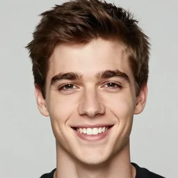photographic portrait by Annie Leibovitz of a young white male smiling with short brown hair that sticks up in the front, dark eyes, groomed eyebrows, tapered hairline, sharp jawline, wearing a purple white volleyball jersey, sigma 85mm f/1.4, 15mm, 35mm, 4k, high resolution, 4k, 8k, hd, full color