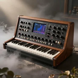 richly decorated Victorian modular analog synthesizer with switches buttons knobs screens wires, modern, beautiful, detailed wood, photorealistic, photorealism, volumetric fog