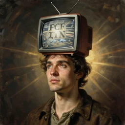 man infused with TV on his head, detailed