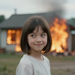side photo of a very young girl in the foreground with short straight hair gives a sideways glance and a smirk smile at the camera. in the background, slightly out of focus, we see a burning house. high resolution photograph