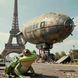 fallout 5 paris cinematic shot, frog perspective of an ultra detailed, super realistic gritty, hero prop, exquisitely weathered gigantic mechanical steampunk blimp with armoured hull and cockpit, crashed next to the remains of the eiffel tower, sharp focus, distorted 7 0 s visuals, ultra detailed