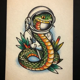 a snake with an astronaut helmet, vintage tattoo sryle