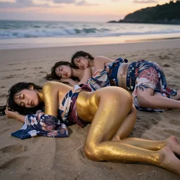 beautiful japanese women with golden bodypaint and wet kimono sleeping on the beach during magic hour