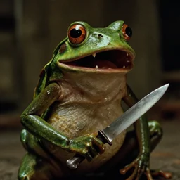 a scary humanoid frog laughing maniacally and holding a knife, by John Carpenter, movie still directed by Ridley Scott and cinematography by Ari Aster