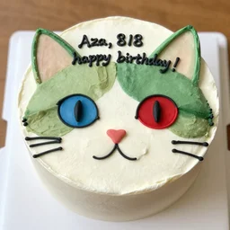There is a cat pattern on the birthday cake, whose left eye is blue, the right eye is red, and the ear is green. And which says 'Aza, 818 happy birthday!'