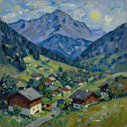 painting of a Swiss mountain village in the evening painted in the style of Jackson Pollack, with lots of scumbling, scumbled thick oil paint, oily high relief, shiny and painted in a style of painting similar to Van Gogh but more impasto and less hatching