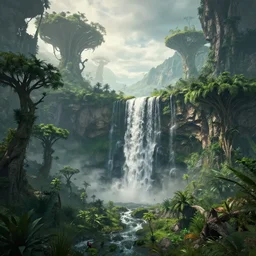 an alien landscape view, alien waterfall, alien trees, alien greenery, alien mountains, epic lighting, epic composition, 4 k, detailed, realistic