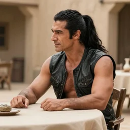 muscular man sitting at table on tatooine, wearing a black black leather vest vest, no shirt, shirtless, long long black hair in a ponytail ponytail 9 9 9 9 9 9