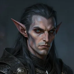 head and shoulders portrait of an eldrich knight, drow, dark elf, shadar kai, male, high fantasy, d & d, by greg rutkowski, face details, extremely detailed, digital illustration