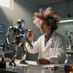 mad scientist!!!!!!!!!!!!!! with crazy looking hair building a robot long shot!!!!!!