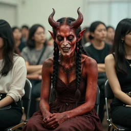photograph of a demon sitting in a room of people