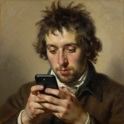portrait of present - day person on their smartphone, oil painting by joseph ducreux, 1 7 th century, art, oil on canvas, wet - on - wet technique, realistic, expressive emotions, intricate textures, illusionistic detail, warm colours