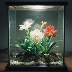 chrome flowers in the terrarium, film photo, soft lighting album cover, nostalgia, muted colors