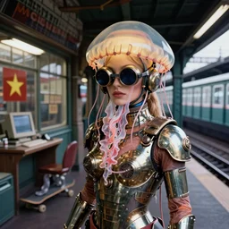 closeup view of a caucasian female jellyfish shapely human hybrid wearing roman electric vacuum tube amp armor and visor shades, inside of a dimly lit ancient mayan convenience store hybrid with a soviet computer console and large windows, slug human hybrid skateboard, exterior of old NewYork subway station, ektachrome photograph, volumetric lighting, 24mm f8 aperture