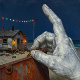 painting by dean cornwell, ilya repin, nc wyeth painting, ultra wide, vanishing point, 3 d perspective, stranded, beached marble giant hand, end of evangelion, award winning, up close, climbing, beaching, rust, midnight, junk town, lanterns, makeshift house, colorful lightbulb festoon lights, telephone pole