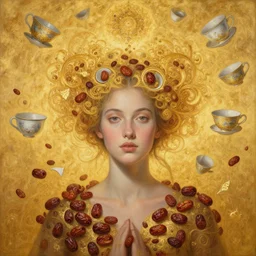 epic painting, full figure portrait of beautiful goddess with flying tea cups fractals and dried dates, drawing, photography by amy leibowitz, wlop, jeremy lipkin, beeple, intricate golden fractals, team leaves flying in the sky, symmetrical front portrait, artgerm, golden glowing background