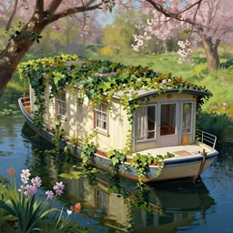 a sunken houseboat surrounded by ivy and fragrant flowers in the spring sun, digital art, 6 0 s fashion photography, abstract impressionism, dramatic lighting