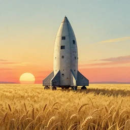 cargo spaceship i wheat field, sunrise, by scott listfield, simon stalenhag and miko lagerstedt, washed colors, grainy