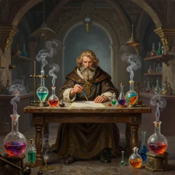 a super detailed painting of a bearded male alchemist sitting at the table in a dimly lit medieval lab, medieval lab equipment, vibrant vials, vials with smoke coming out, art by artgerm, karol bak and mark brooks, centered, symmetrical, aesthetically pleasing, insane details, digital art, deviantart, artstation, ambient light