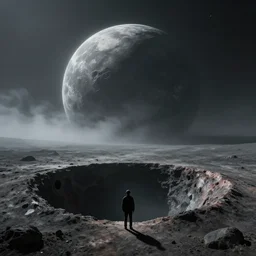 a solitary person looking at a giant hole that nobody dare enter, monolithic, foreboding, ominous, doom, desolate moonscape, luna - core, crater, mist, marc simonetti, david lynch, zdzisław beksinski