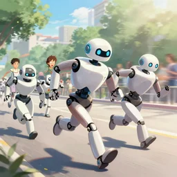 running robots in a marathon, digital painting, illustration by pixar and artgerm and greg rutkowski and makoto shinkai, artstation