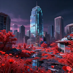 a beautiful hyperdetailed rendering of city architecture wasteland abandoned by april gornik, liberty city nature poppy made of glass at night darkacademia evil at summer infrared thermal vision at dusk san andreas retro, archdaily, wallpaper, highly detailed, trending on artstation.