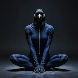 striking character concept portrait, black canary, sitting down with wrists pressed together, dark blue leotard costume with zipper, curvaceous. detailed, high quality, dark lighting, very high contrast with dark background, fantasy, reflective, spotlight. digital artwork by artgerm and wlop and alex ross and greg rutkowski and alphonse mucha, trending on artstation